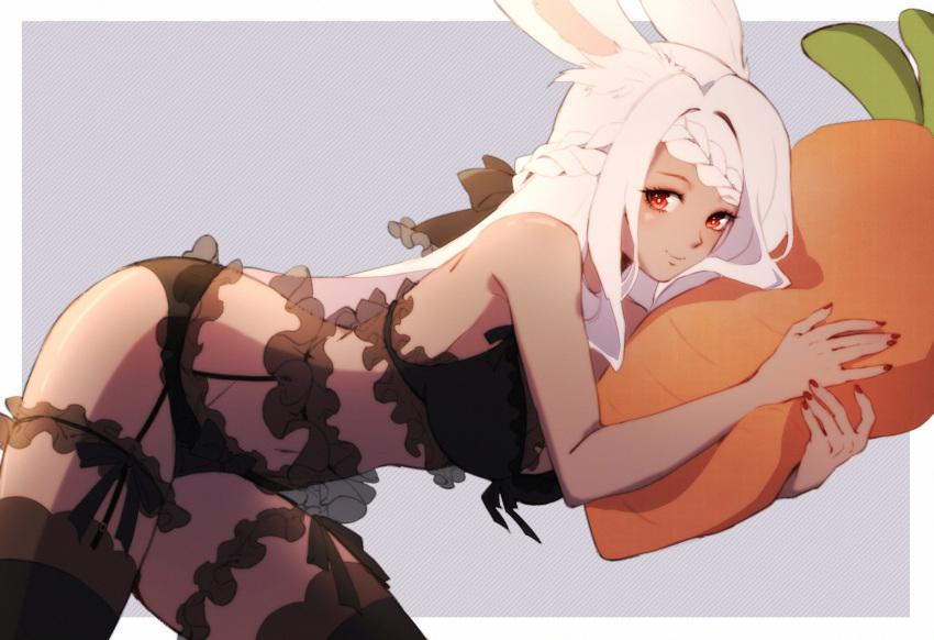 1girl, animal_ears, black_bra, black_legwear, black_panties, bow, bow_panties, bra