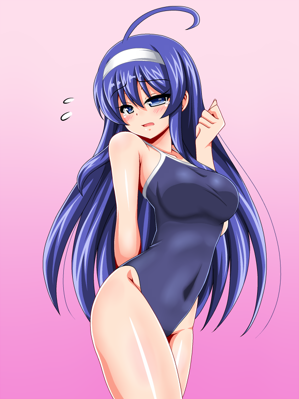 1girl, ahoge, arm_behind_back, blue_eyes, blue_hair, blue_swimsuit, competition_school_swimsuit, cowboy_shot, embarrassed, gradient, gradient_background, hairband, huge_ahoge, long_hair, orie_(under_night_in-birth), pink_background, school_swimsuit, solo, swimsuit, under_night_in-birth, white_hairband, yaeba