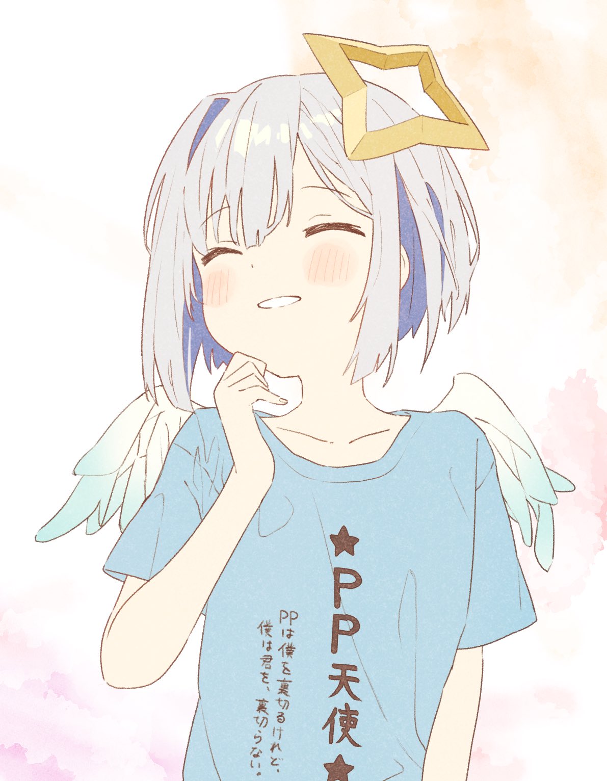 1girl, amane_kanata, angel_wings, blue_shirt, blush, closed_eyes, collarbone, eyebrows_visible_through_hair
