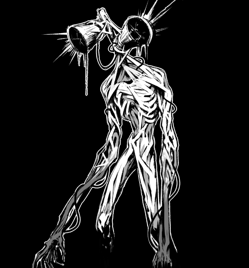 black_background, claws, greyscale, kadabura, megaphone, monochrome, monster, no_humans