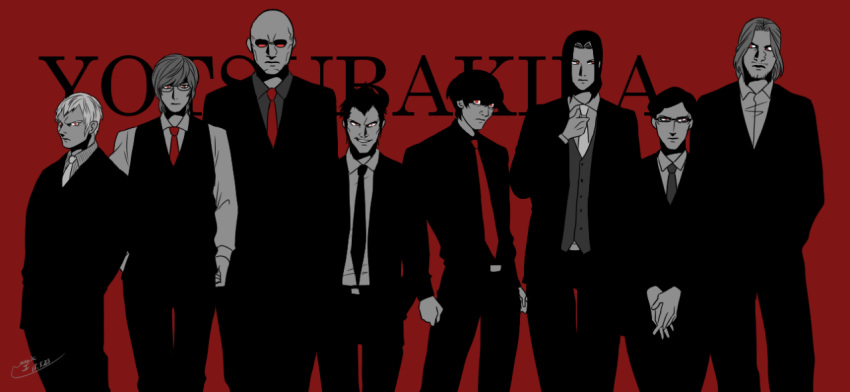 arayoshi_hatori, artist_request, bald, belt, black_hair, black_neckwear, black_shirt, blonde_hair, brown_hair, business, collared_shirt, death_note, eiichi_takahashi, expressionless, facial_hair, formal, glasses, grey_hair, grey_shirt, height_difference, jacket, kyosuke_higuchi, limited_palette, long_hair, male_focus, masahiko_kida, medium_hair, multiple_boys, necktie, red_background, red_eyes, red_neckwear, reiji_namikawa, shingo_mido, shirt, short_hair, silver_hair, smile, smirk, smug, spiky_hair, striped, striped_shirt, suguru_shimura, suit, sunglasses, takeshi_ooi, vest, white_hair, white_neckwear, white_shirt, yotsuba_group