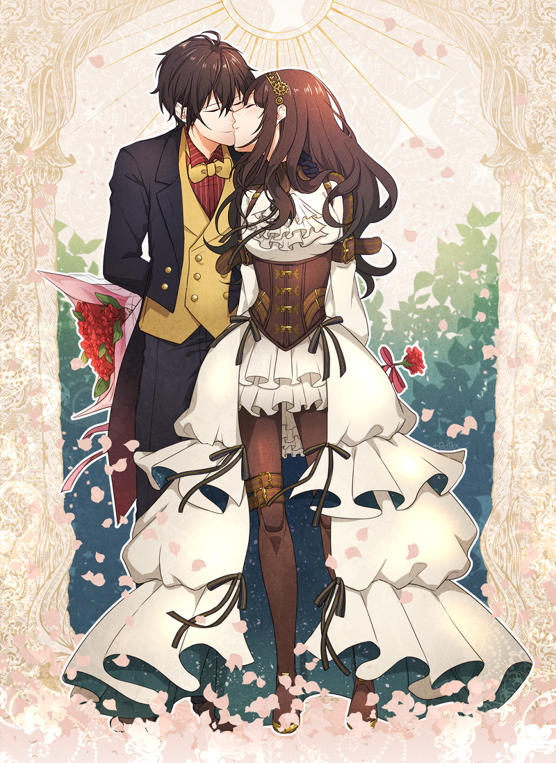 1boy, 1girl, ariake_aria, arm_belt, arms_behind_back, arsene_lupin_(code:realize), black_suit, bouquet