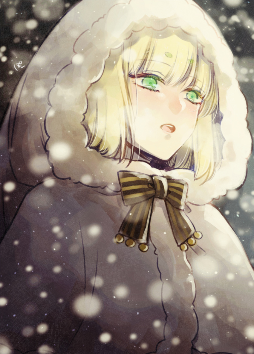 1boy, blonde_hair, bow, brown_bow, coat, code:realize, eyebrows_visible_through_hair, finis