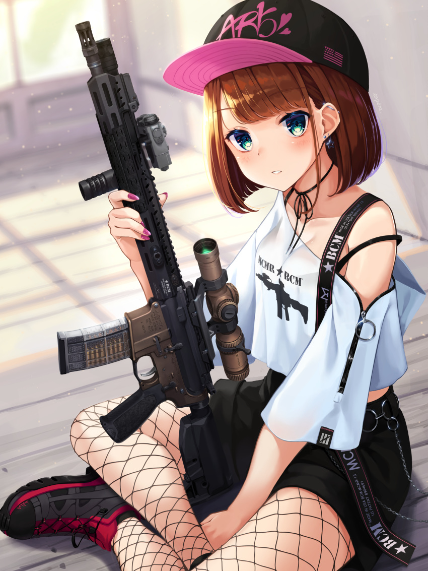 1girl, absurdres, american_flag, ar-15, assault_rifle, bangs, bare_shoulders, baseball_bat