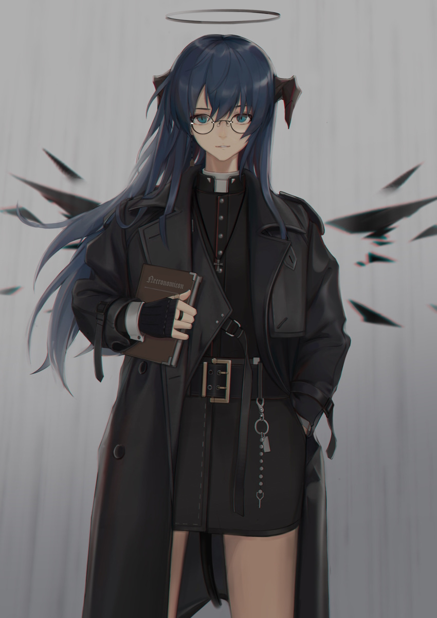 1girl, absurdres, arknights, bangs, belt_buckle, black_coat, black_dress, blue_eyes