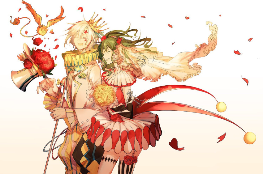 1boy, 1girl, allen_walker, bouquet, bow, bowtie, bridal_veil, cane, clip_studio_paint_(medium), closed_eyes, commentary, couple, crown, d.gray-man, elbow_gloves, facial_mark, flower, gloves, green_hair, hat, hetero, jewelry, kanou_(ianeko), lenalee_lee, long_sleeves, ring, silver_hair, smile, timcanpy, top_hat, twintails, veil, wedding