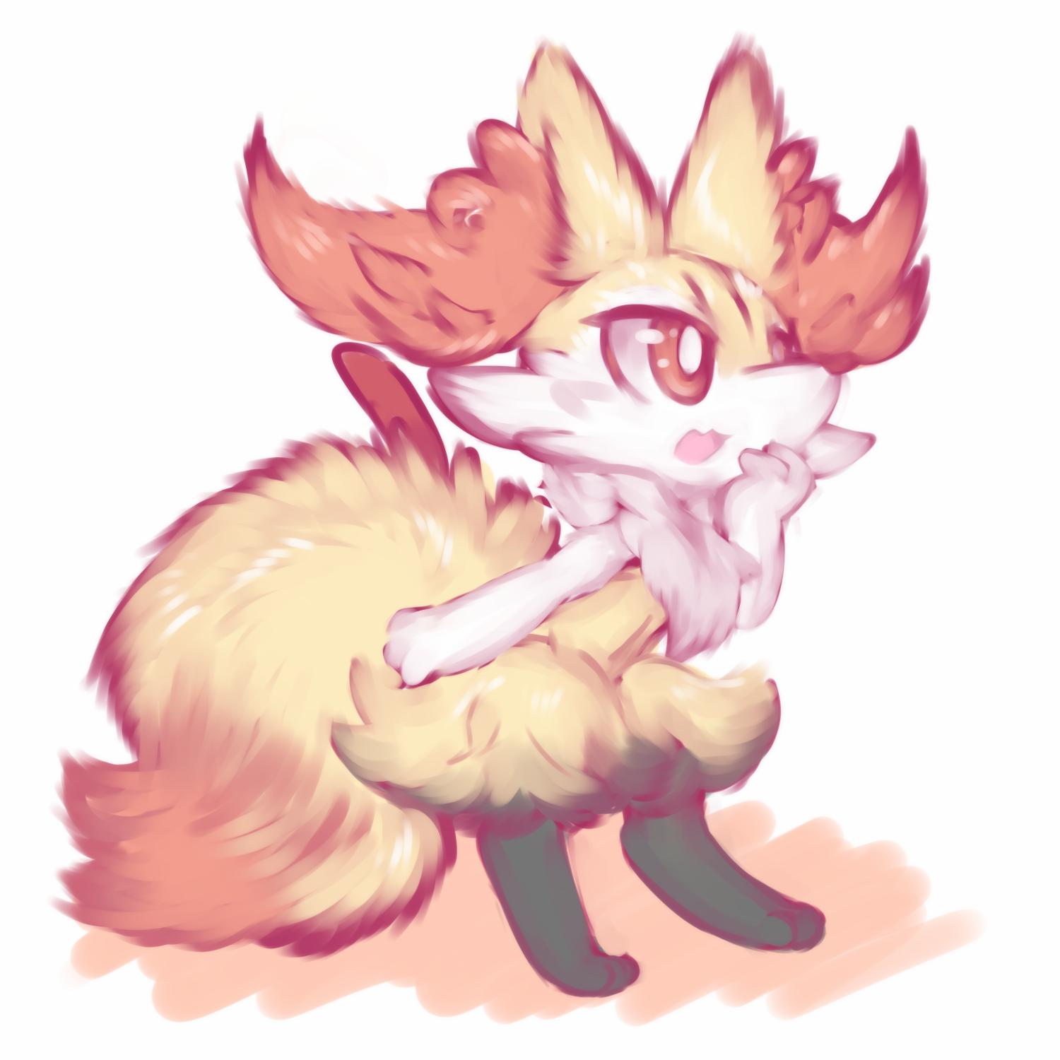 1girl, animal_ear_fluff, animal_ears, braixen, fang, fox_ears, fox_tail, full_body, furry, gen_6_pokemon, hand_on_own_face, hand_up, happy, highres, jpeg_artifacts, no_humans, nyaswitchnya, open_mouth, paws, pokemon, pokemon_(creature), red_eyes, simple_background, skin_fang, smile, solo, standing, stick, tail, white_background
