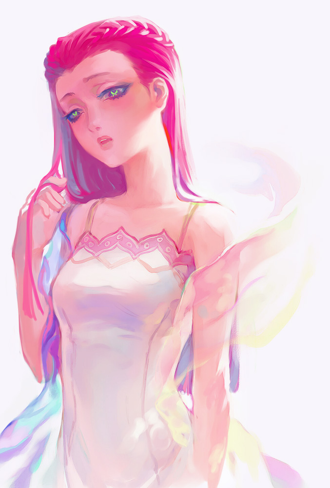 1girl, alternate_eye_color, alternate_hair_color, braid, changye, dress, green_eyes, gyakuten_saiban