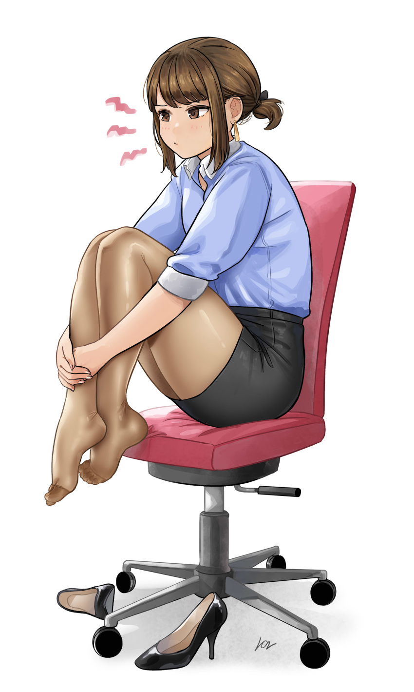 1girl, absurdres, bangs, black_footwear, black_skirt, blue_shirt, blush, brown_eyes