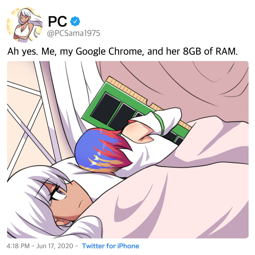2girls, 500_dollar_four_foot_tall_mareep, bare_shoulders, bed, blanket, blue_hair, closed_mouth, comedy
