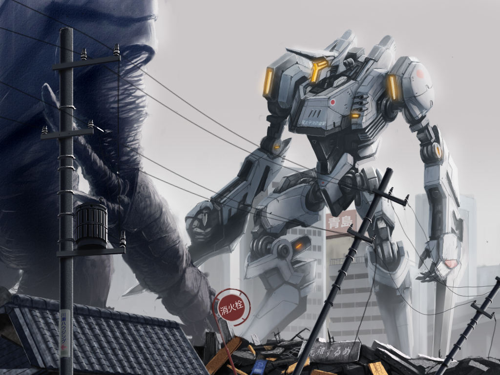 1840, clenched_hand, kaijuu, looking_ahead, mecha, open_hand, pacific_rim, photoshop_(medium), scenery, solo_focus, tacit_ronin, telephone_pole, visor, wrist_blades