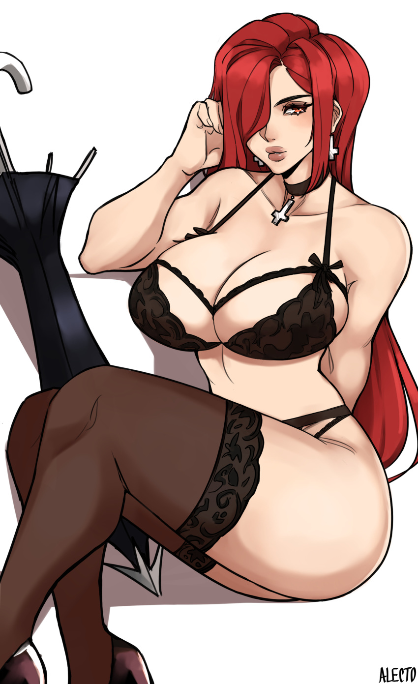 1girl, absurdres, alecto_0, black_bra, black_footwear, black_panties, bra, breasts