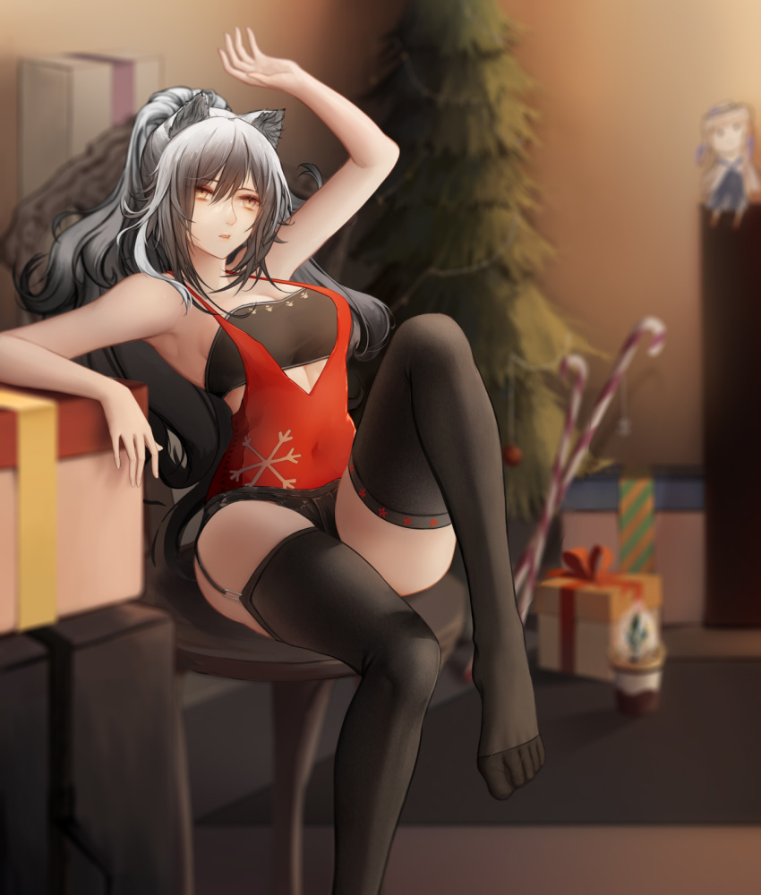 1girl, animal_ears, arknights, arm_up, bandeau, bangs, bare_arms, bare_shoulders, black_legwear, black_shorts, blurry, blurry_background, box, breasts, brown_eyes, cat_ears, ceylon_(arknights), chair, character_doll, christmas_tree, commentary_request, feet_out_of_frame, garter_straps, gift, gift_box, hair_between_eyes, highres, indoors, long_hair, medium_breasts, micro_shorts, no_shoes, schwarz_(arknights), shorts, silver_hair, sitting, solo, strapless, thigh-highs, thighs, tubetop, zhi_wozi