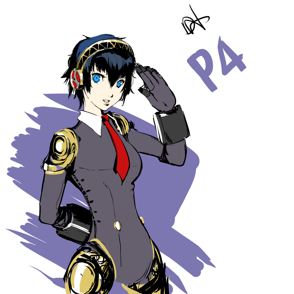 1girl, aegis_(persona), aegis_(persona)_(cosplay), alternate_costume, android, arm_behind_back, bangs, blue_eyes