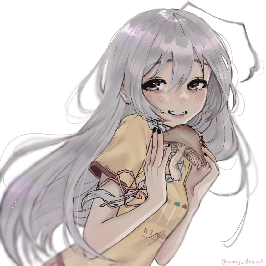 1girl, ahoge, anajudraws, black_nails, blush, braid, clothes_writing, grey_eyes, grey_hair, hair_ribbon, highres, holding_mushroom, hoshi_shouko, idolmaster, idolmaster_cinderella_girls, long_hair, looking_to_the_side, mushroom, nail_polish, ribbon, shirt, side_braid, simple_background, single_braid, smile, solo, t-shirt, twitter_username, upper_body, white_background, yellow_t-shirt