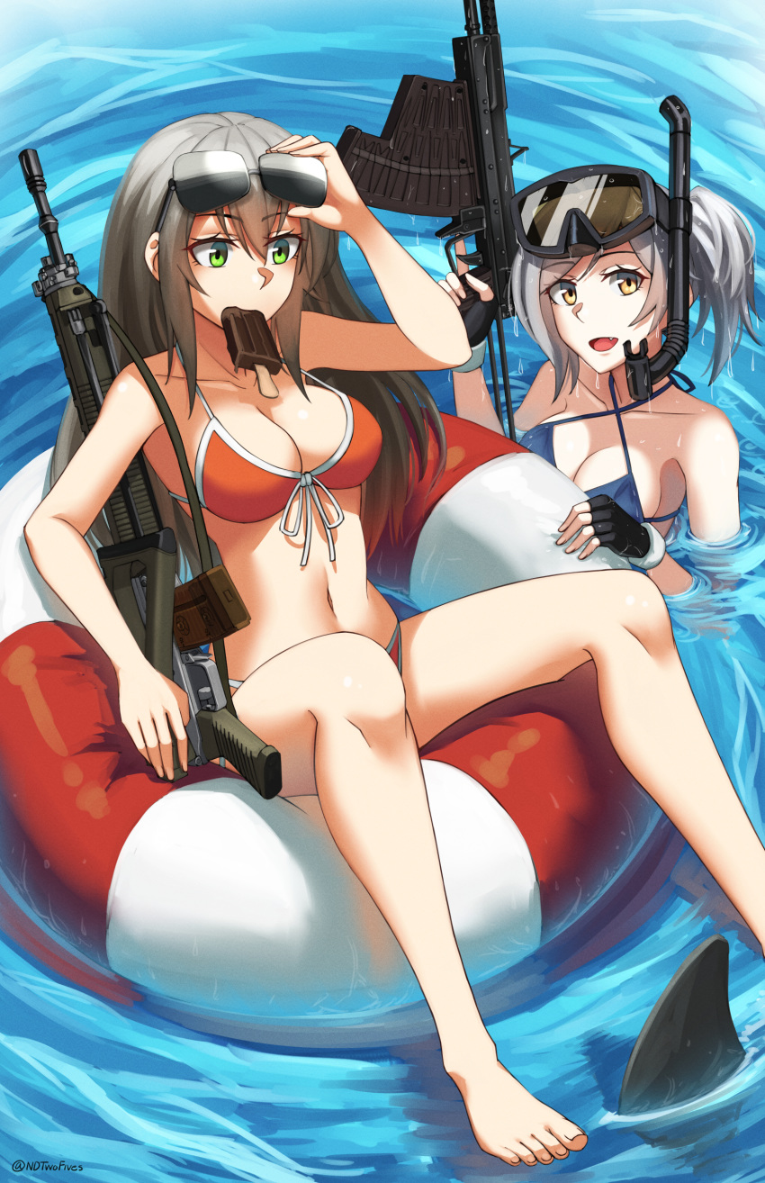 2girls, absurdres, assault_rifle, bare_arms, bare_legs, bare_shoulders, barefoot, bikini