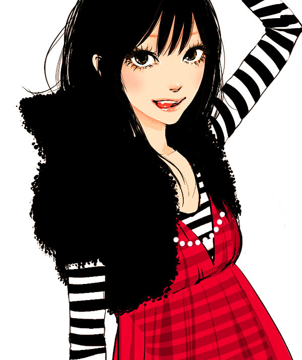 black_hair, brown_eyes, eyelashes, fang, fashion, mascara, original, short_hair