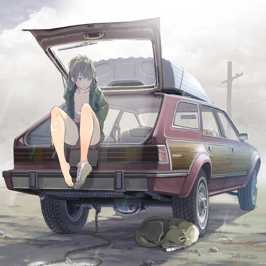 1girl, amc, bandaid_on_leg, brown_hair, car, chain, commentary, dog, english_commentary, ground_vehicle, gun, handgun, highres, holding, holding_gun, holding_weapon, jacket, jettoburikku, mixed-language_commentary, motor_vehicle, original, outdoors, ponytail, revolver, shoes, short_shorts, shorts, single_shoe, sitting, telephone_pole, vehicle_request, weapon