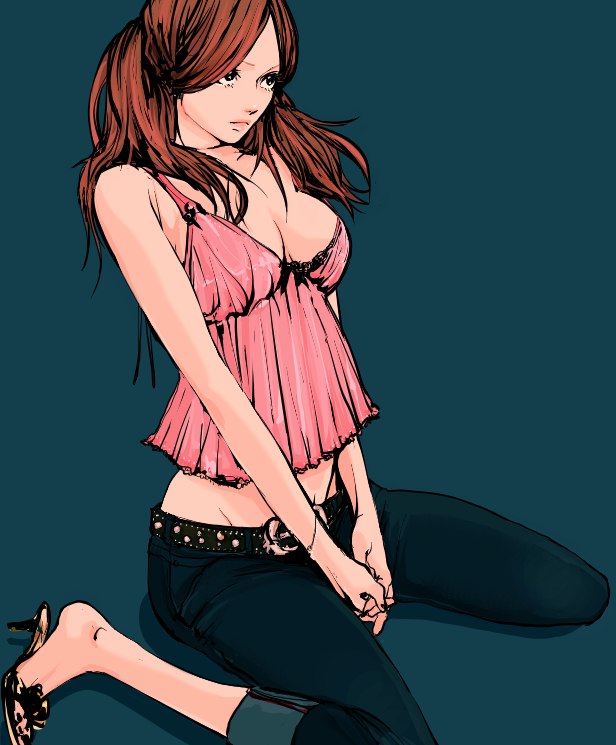 camisole, fashion, high_heels, jeans, lingerie, long_hair, midriff, negligee