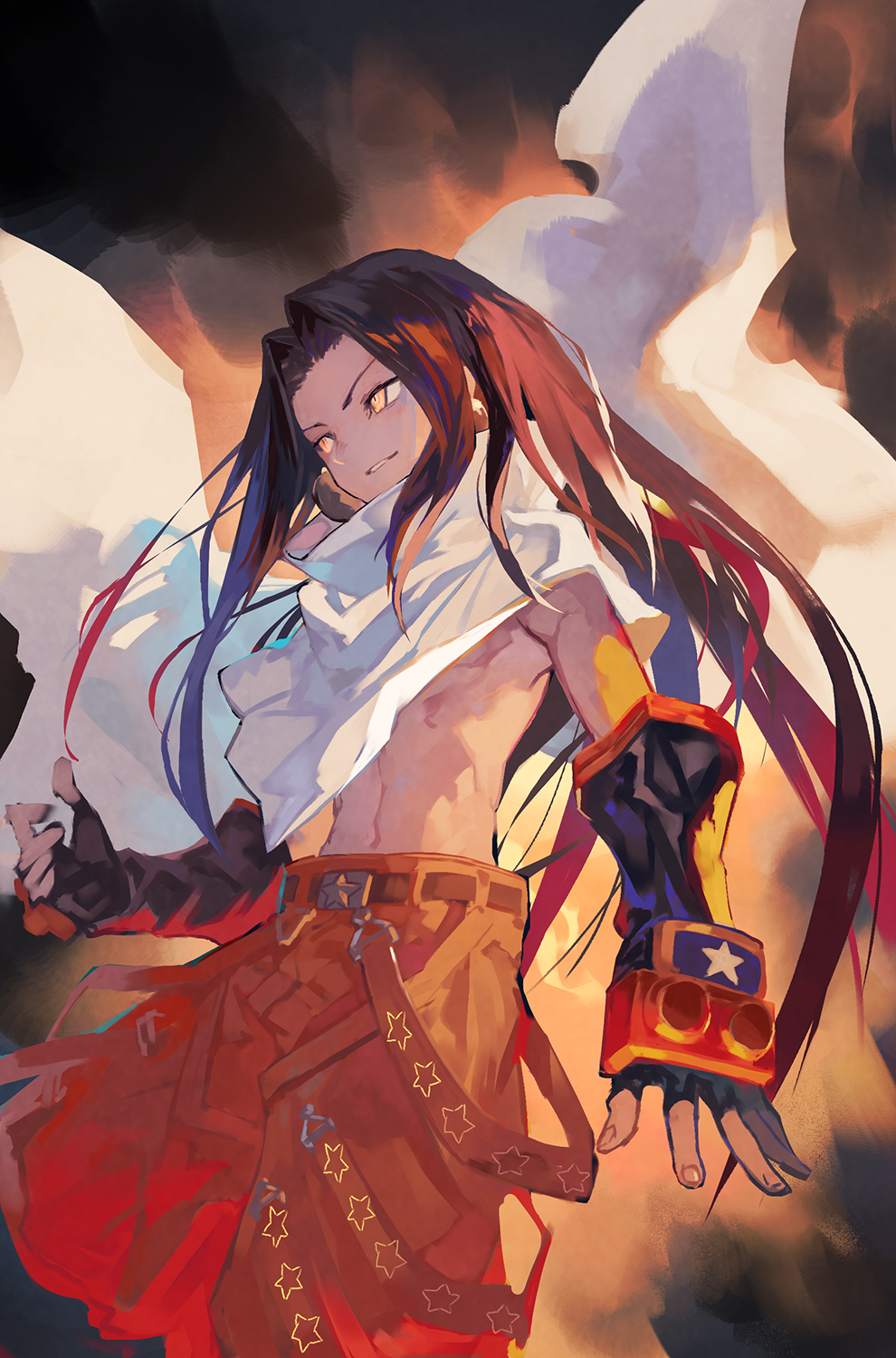 1boy, asakura_hao, belt, black_gloves, clip_studio_paint_(medium), cloak, earrings, feet_out_of_frame