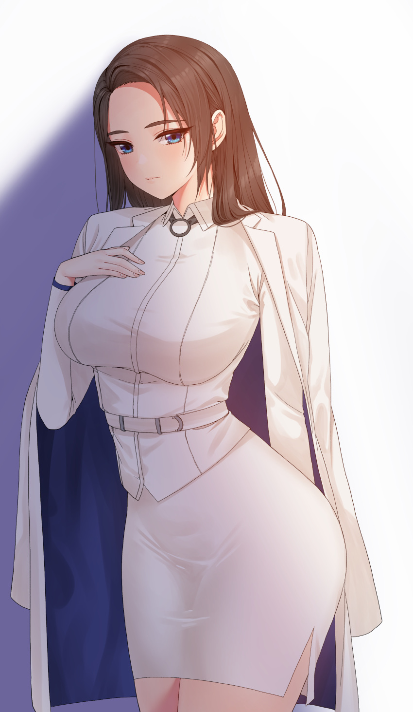 1girl, absurdres, belt, black_hair, blue_eyes, breasts, formal, highres