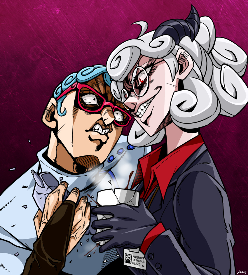 1boy, 1girl, angry, black-framed_eyewear, black_gloves, black_horns, black_suit, blue_hair, breaking, business_suit, clenched_teeth, coffee, coffee_mug, collared_shirt, crossover, cup, curly_hair, demon_girl, demon_horns, demon_tail, formal, ghiaccio, glasses, gloves, helltaker, highres, holding, holding_cup, horns, id_card, jojo_no_kimyou_na_bouken, kimleon, long_sleeves, mug, painttool_sai, painttool_sai_(medium), pandemonica_(helltaker), partly_fingerless_gloves, red-framed_eyewear, red_eyes, red_shirt, round_eyewear, shirt, short_hair, suit, tail, teeth, vento_aureo, white_hair, white_horns