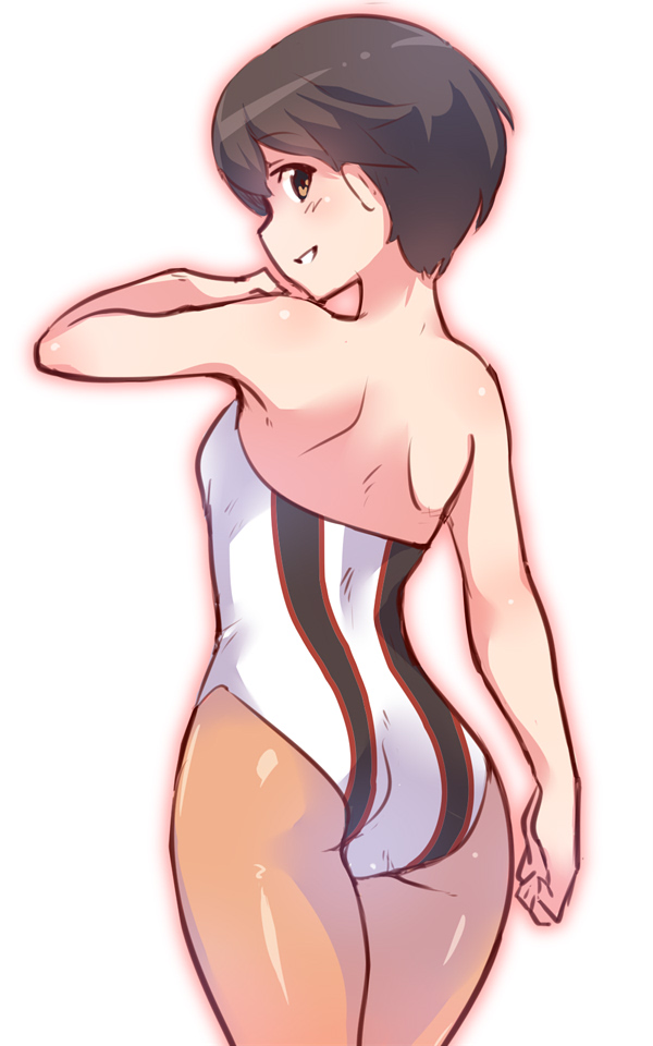 1girl, ass, back, bare_shoulders, brown_eyes, brown_hair, cowboy_shot, em_(totsuzen_no_hakike)