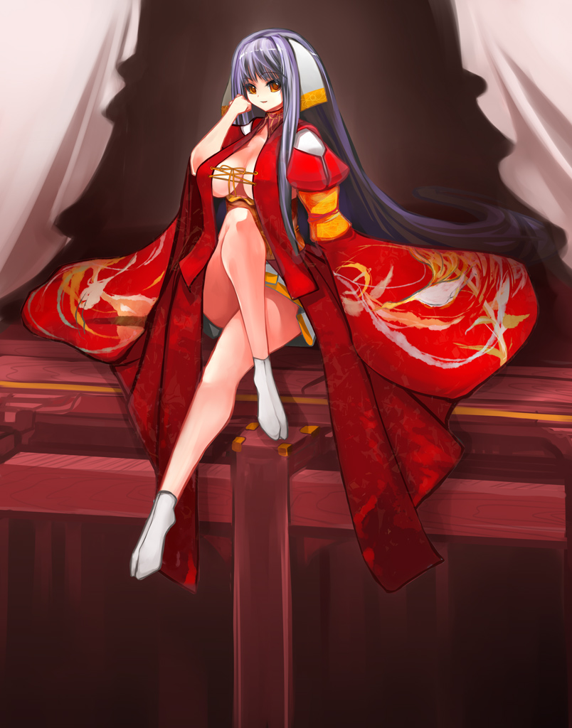 bb, criss_cross_top, front-tie_top, huge_breasts, japanese_clothes, laceup_front, legs, long_hair, original, pixiv, pixiv_fantasia, pixiv_fantasia_1, pupps, purple_hair, red_eyes, sitting, socks, tabi