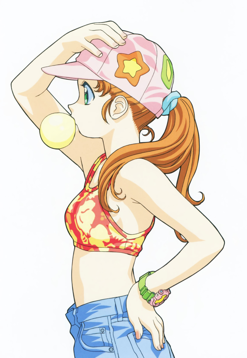1990s_(style), 1girl, baseball_cap, bubble_blowing, chewing_gum, denim, green_eyes, hand_on_headwear