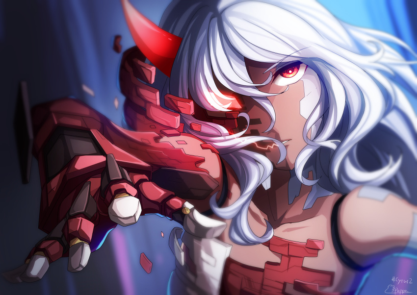 1girl, 2019, android, artist_name, blurry, bright_pupils, clip_studio_paint_(medium), collarbone, copyright_name, cytus, cytus_ii, dark_skin, depth_of_field, doll_joints, eyebrows_visible_through_hair, hashtag, hatomura_poppo, horns, ivy_(cytus), joints, looking_away, looking_up, mechanical_arm, mechanical_parts, medium_hair, one_eye_covered, parted_lips, red_eyes, red_horns, signature, single_horn, solo, upper_body, wavy_hair, white_hair, white_pupils
