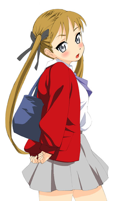 bag, blonde_hair, blush, grey_eyes, long_hair, mario_(artist), school_uniform, twintails