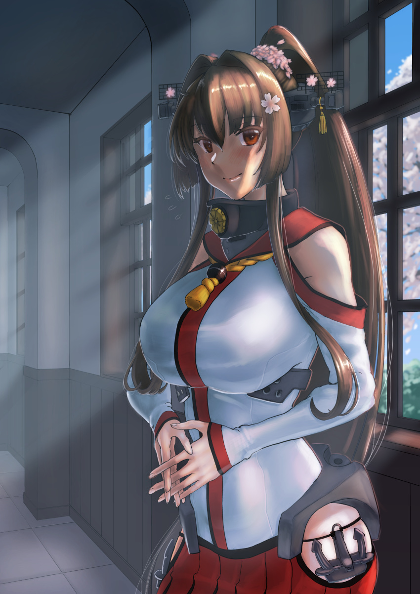 1girl, anchor, bangs, blush, breasts, brown_hair, cherry_blossoms, flower