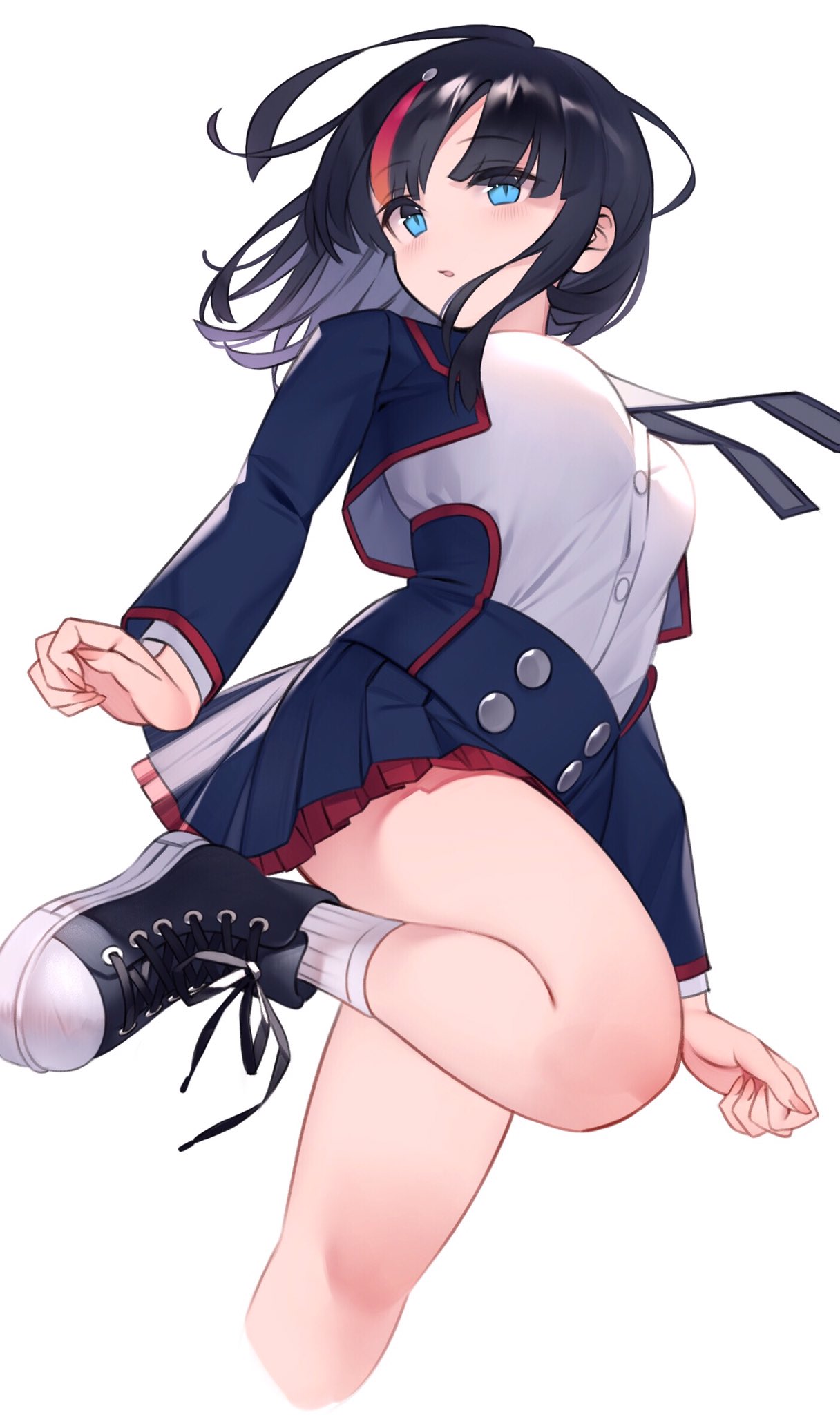 1girl, bangs, black_footwear, black_hair, blue_eyes, blue_jacket, blue_skirt, blush