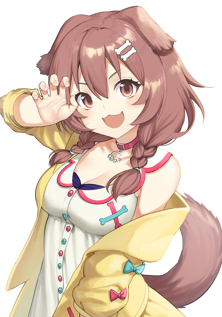 1girl, 9nojo, animal_ears, bangs, blush, bone_hair_ornament, braid, breasts