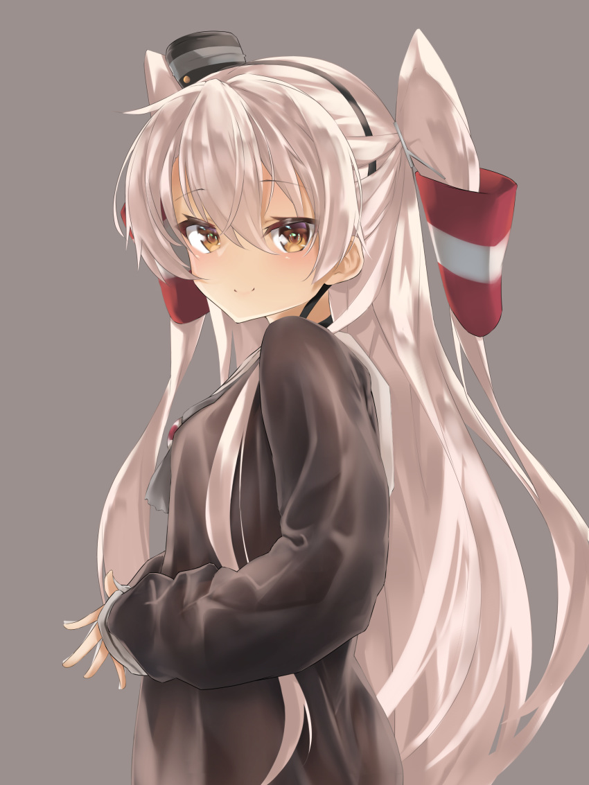 1girl, amatsukaze_(kantai_collection), blush, brown_dress, brown_eyes, dress, grey_background, hair_tubes