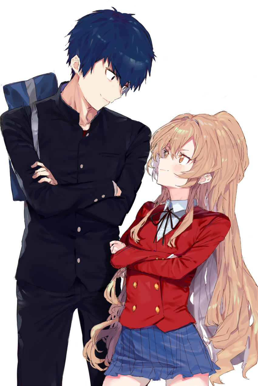 1boy, 1girl, aisaka_taiga, bag, black_jacket, black_pants, black_ribbon, blue_bag, blue_hair, blush, brown_eyes, brown_hair, clip_studio_paint_(medium), collarbone, collared_shirt, commentary_request, flat_chest, height_difference, highres, jacket, long_hair, looking_at_another, oohashi_high_school_uniform, painttool_sai_(medium), pants, pinch_(nesume), pleated_skirt, red_jacket, ribbon, school_bag, school_uniform, shirt, short_hair, simple_background, skirt, smile, takasu_ryuuji, thigh-highs, toradora!, white_background, white_shirt, zettai_ryouiki