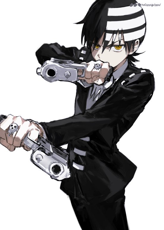 1boy, akira_hou, black_hair, death_the_kid, dual_wielding, formal, gangsta_hold, gun