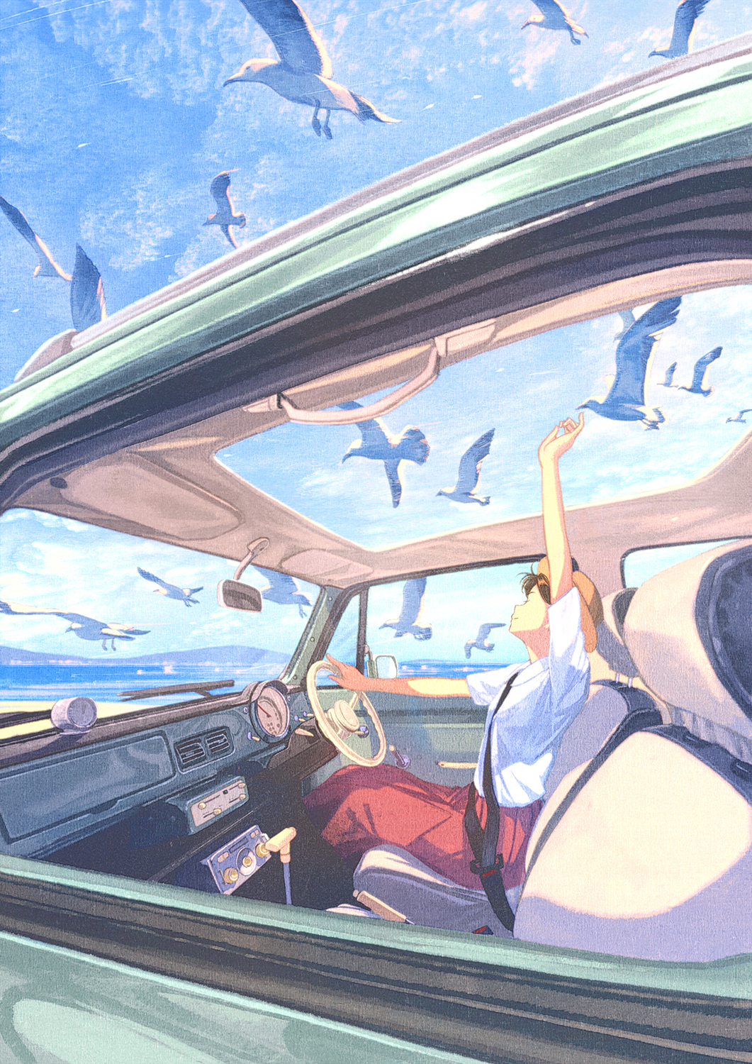1girl, bird, blue_sky, car, closed_mouth, clouds, collared_shirt, commentary_request
