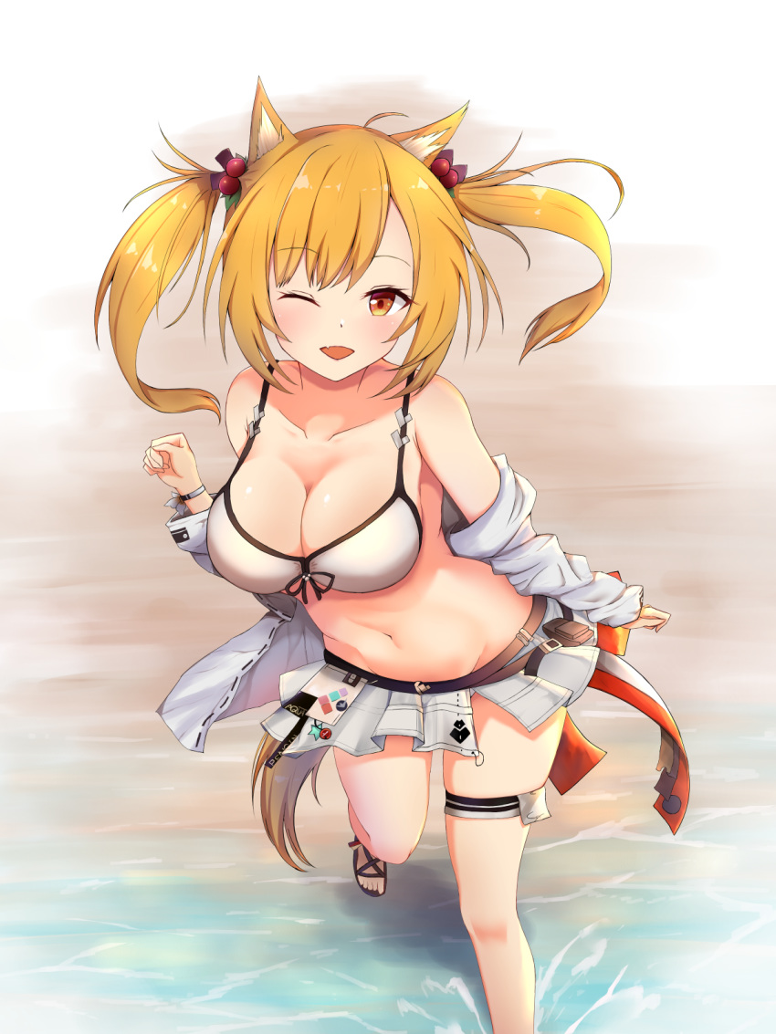 1girl, ;d, animal_ears, arknights, bangs, bare_legs, bare_shoulders, bikini, bikini_skirt, blonde_hair, blush, breasts, brown_eyes, commentary_request, dae_(dog-of-maou), eyebrows_visible_through_hair, feet_out_of_frame, groin, highres, large_breasts, long_hair, long_sleeves, looking_at_viewer, microskirt, navel, off_shoulder, one_eye_closed, open_mouth, partial_commentary, skirt, smile, solo, sora_(arknights), standing, stomach, swimsuit, thigh_strap, thighs, twintails, white_bikini, white_skirt, wolf_ears