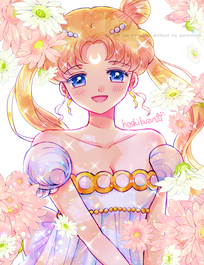 1girl, :d, bangs, bare_shoulders, bishoujo_senshi_sailor_moon, blonde_hair, blue_eyes, crescent, double_bun, dress, earrings, facial_mark, flower, forehead_mark, hair_ornament, hairpin, hoshikuzu_(milkyway792), jewelry, long_hair, looking_at_viewer, open_mouth, parted_bangs, princess_serenity, puffy_sleeves, repost_notice, signature, simple_background, smile, solo, strapless, strapless_dress, tsukino_usagi, twintails, upper_body, white_background, white_dress