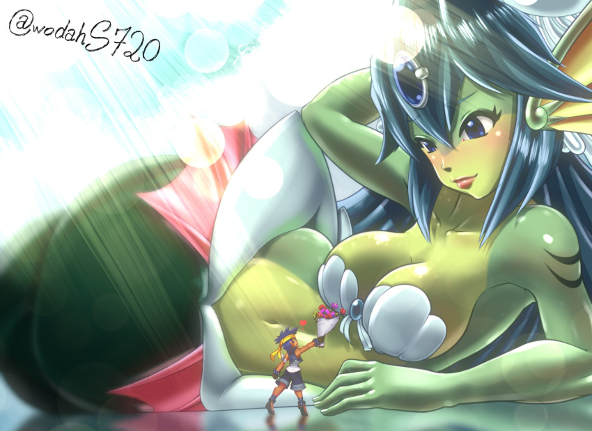 1boy, 1girl, blue_eyes, blue_hair, bolo_(shantae), bouquet, flower, giantess