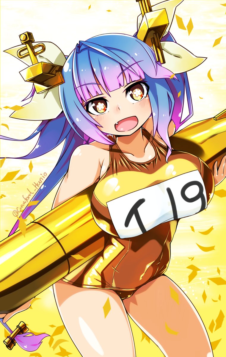 1girl, alternate_color, blue_hair, breasts, commentary_request, confetti, cowboy_shot, gold_swimsuit, hair_ornament, haniyama_kurofo, highres, holding, holding_torpedo, i-19_(kantai_collection), kantai_collection, large_breasts, long_hair, looking_at_viewer, name_tag, red_eyes, school_swimsuit, shiny, smile, solo, star-shaped_pupils, star_(symbol), swimsuit, symbol-shaped_pupils, torpedo, tri_tails