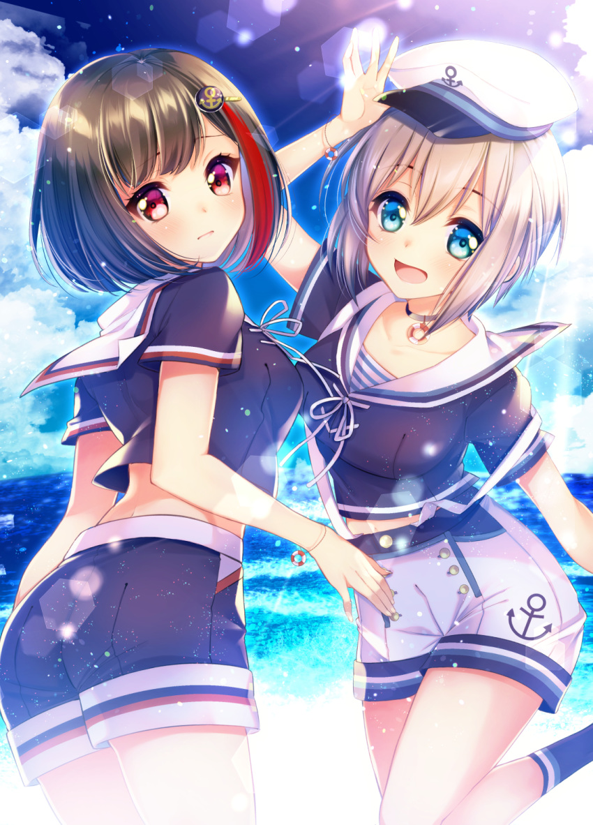 2girls, :d, anchor_hair_ornament, anchor_print, aoba_moca, bang_dream!, bangs, beach
