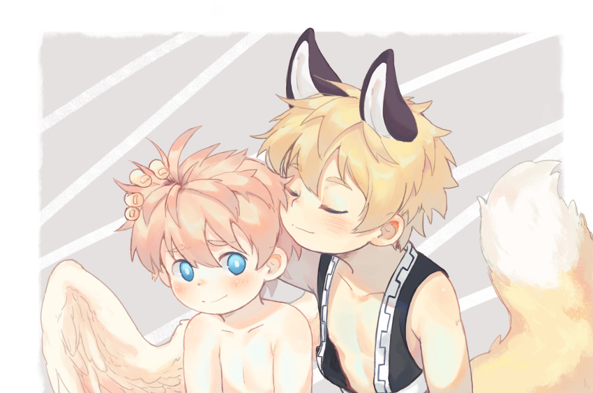 2boys, animal_ears, bangs, blonde_hair, blue_eyes, blush, bokustar_fox, closed_eyes
