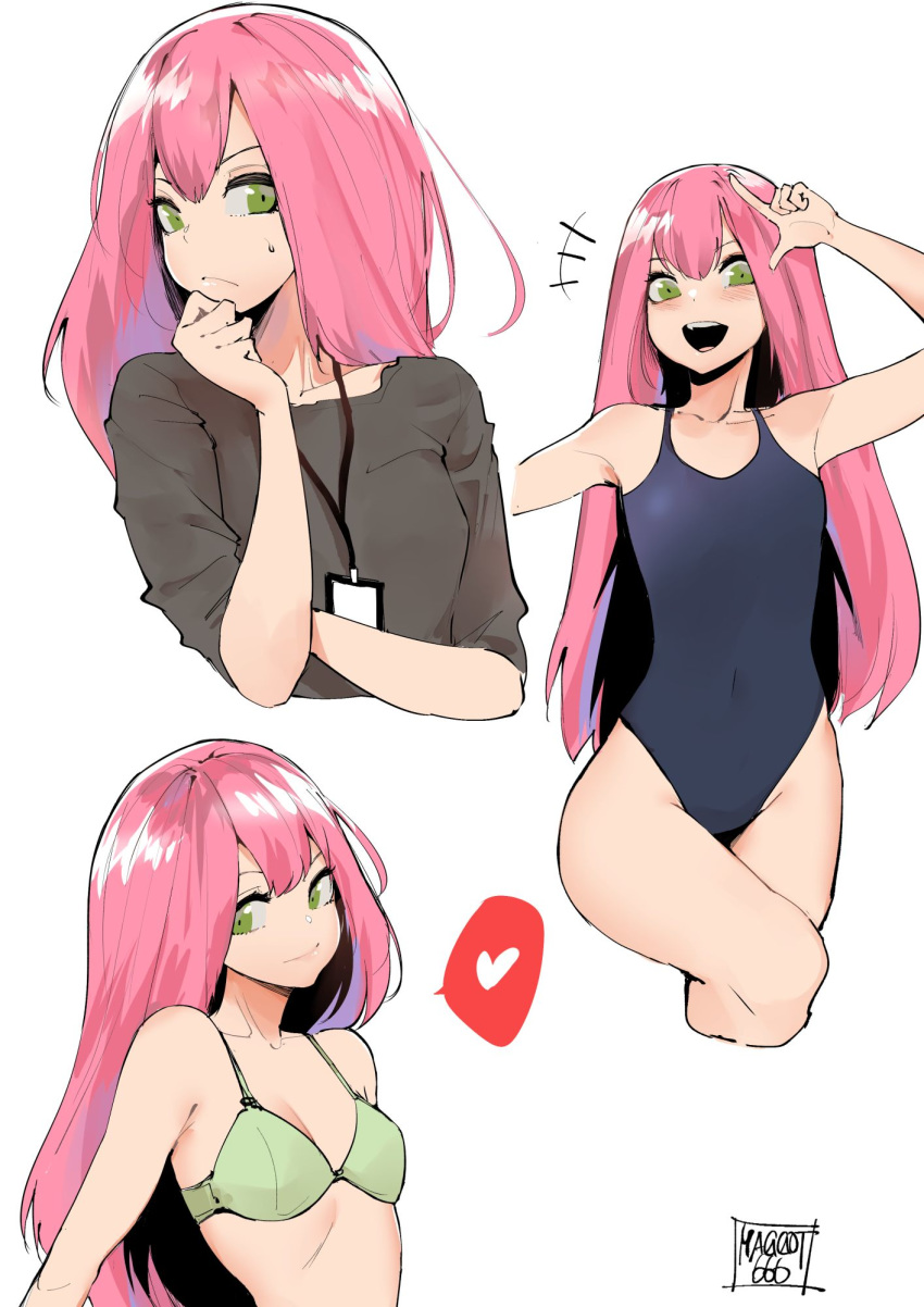 1girl, blue_swimsuit, blush, bra, breasts, collage, competition_swimsuit, cropped_legs, green_bra, green_eyes, heart, highres, lanyard, long_hair, melissa_renata, norman_maggot, one-piece_swimsuit, open_mouth, original, petite, pink_hair, salute, small_breasts, smile, spoken_heart, sweatdrop, swimsuit, two-finger_salute, underwear