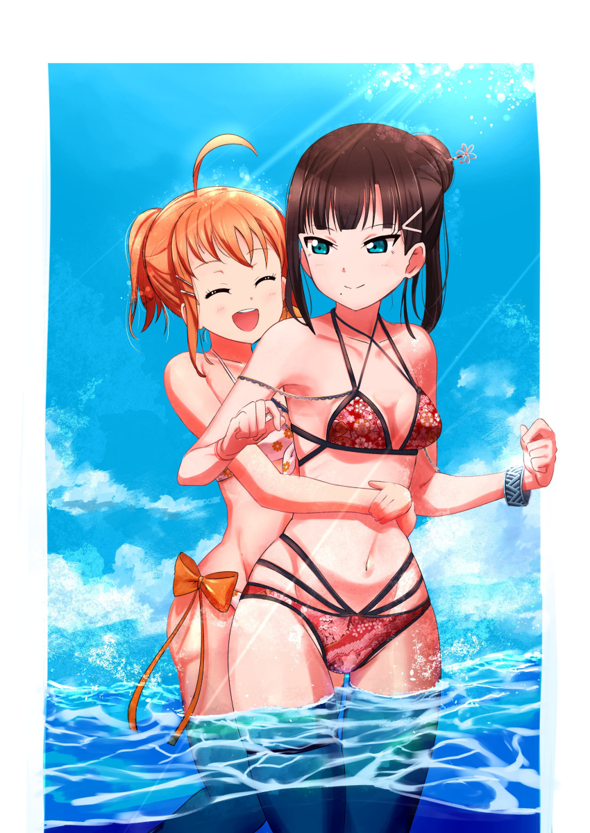 2girls, absurdres, alternate_hairstyle, bikini, bracelet, cherry_blossom_print, cowboy_shot, floral_print