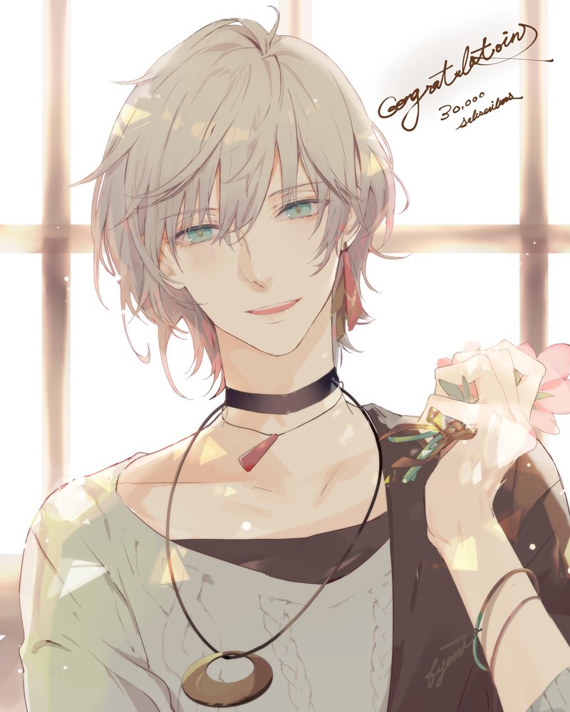 1boy, bishounen, black_choker, bracelet, choker, collarbone, commentary_request, earrings