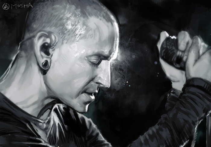 1boy, chester_charles_bennington, ear_piercing, facial_hair, greyscale, hankuri, jewelry, linkin_park