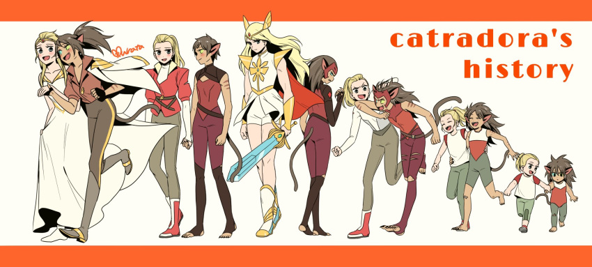 2girls, adora_(she-ra), age_progression, animal_ears, arm_around_waist, barefoot, blonde_hair, brown_hair, cape, cat_ears, cat_girl, cat_tail, catra, couple, dress, heterochromia, highres, long_hair, masters_of_the_universe, multiple_girls, multiple_persona, murata_(igaratara), ponytail, she-ra_and_the_princesses_of_power, short_hair, smile, spoilers, sword, tail, tiara, toeless_legwear, weapon, winged_hair_ornament, yuri