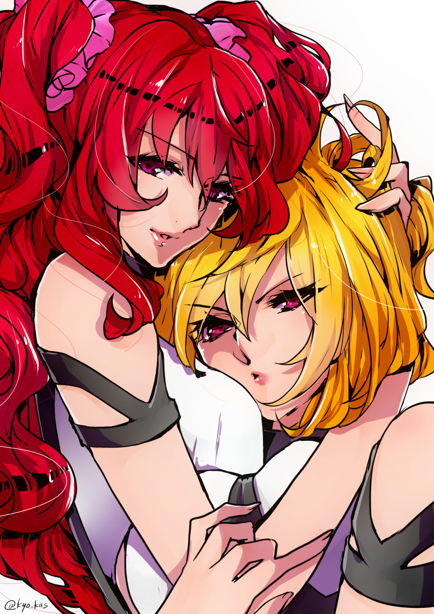 2girls, absurdres, angelise_ikaruga_misurugi, blonde_hair, cross_ange, eyebrows_visible_through_hair, hand_in_hair, highres, hilda_(cross_ange), hug, huxoran77, long_hair, multiple_girls, painttool_sai_(medium), red_eyes, redhead, short_hair, twintails, yuri